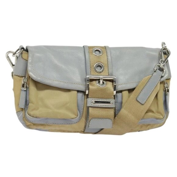 PRADA Shoulder Bag Nylon Leather Beige Silver - Picture 1 of 16